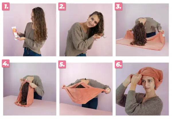 Étapes pour un séchage parfait des cheveux bouclés : application de produit, scrunching, puis pliage de la serviette pour un séchage doux.