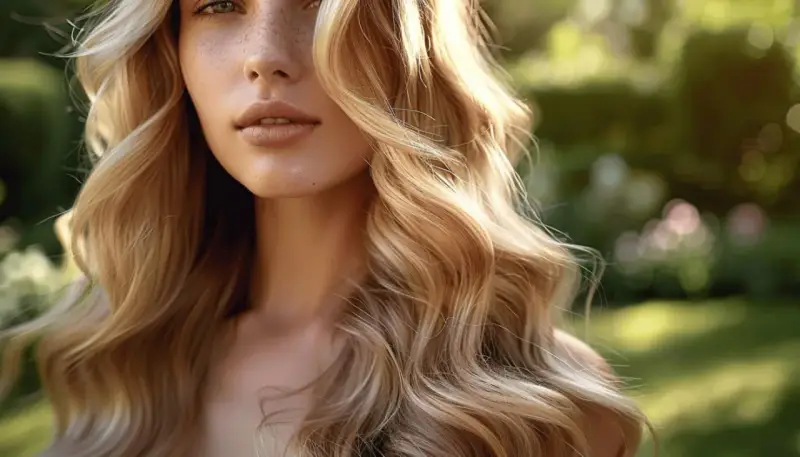 Une femme aux cheveux blonds ondulés, avec un dégradé ombré subtil, sourit doucement dans un jardin ensoleillé.
