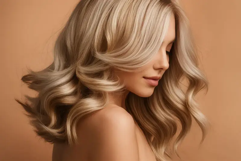 Une femme avec de magnifiques cheveux jaune, ondulés et brillants, pose de profil sur un fond uni.