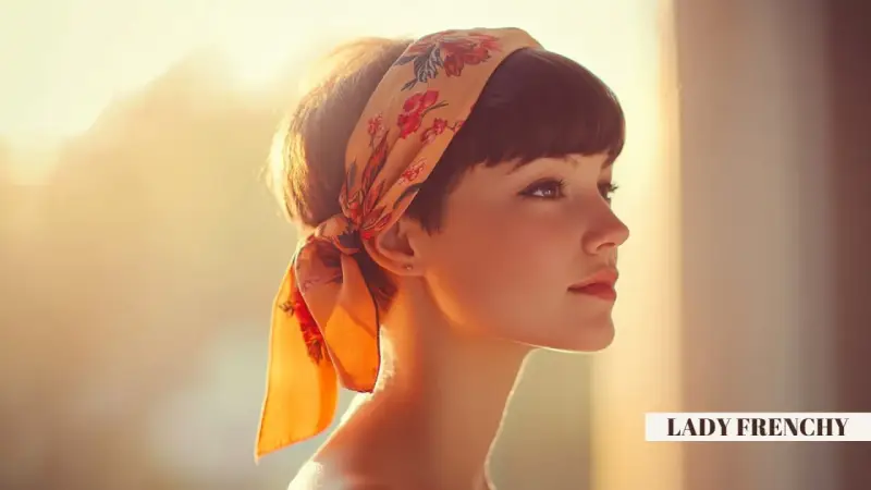 Coiffure hippie femme cheveux court, ornée d'un foulard fleuri. Lumière douce et dorée.